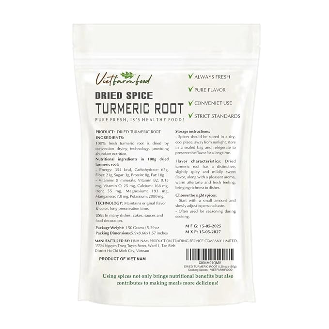 DRIED TURMERIC ROOT 5.29 Oz (150g) VIETFARMFOOD: Natural pure, convection dried seasoning made from real vegetables - perfect for adding flavor to any meal, from cooking, baking, salads, soups, sauces
