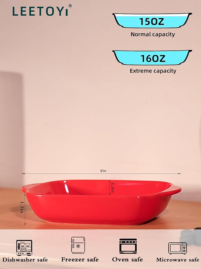 LEETOYI Ceramic Small Baking Dish, Porcelain 2-Piece Rectangular Bakeware with Double Handle, Baking Pans for Cooking and Cake Dinner 7.5"×5 (Red)