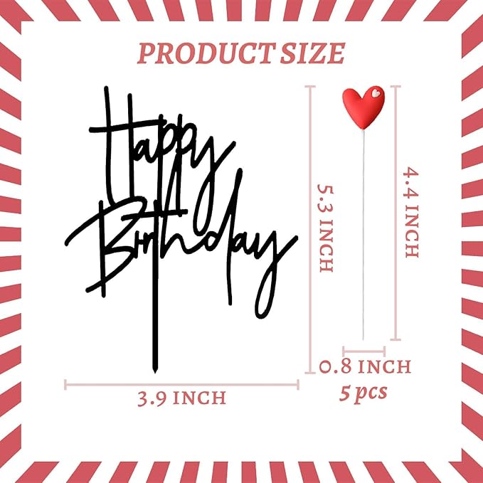 ZHENGYE Set of 1 Acrylic Black Happy Birthday Cake Topper Sign And 5 Red Love Cake Toppers Baby Shower Birthday Party Cake Decorations(Black 25)