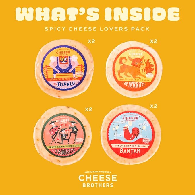 Cheese Bros. Spicy Cheese Lovers Gift Box | Fresh from Wisconsin | Gouda varieties include Honey Sriracha, Mango Habanero, El Diablo Scorpion Pepper and Smoked 3 Amigos Triple Pepper | Food Gifting Idea