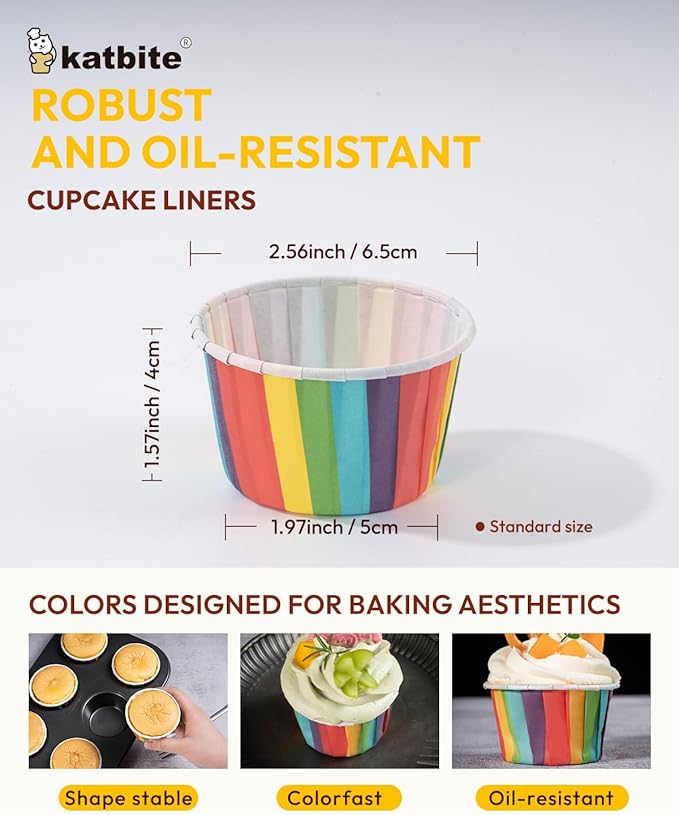 Katbite Parchment Cupcake Liners Rainbow Color Standard Size 100PCS, Christmas Cupcake Liners, Muffin Baking Liners, Heavy Duty Greaseproof Wrappers for Bakery, Birthday Party