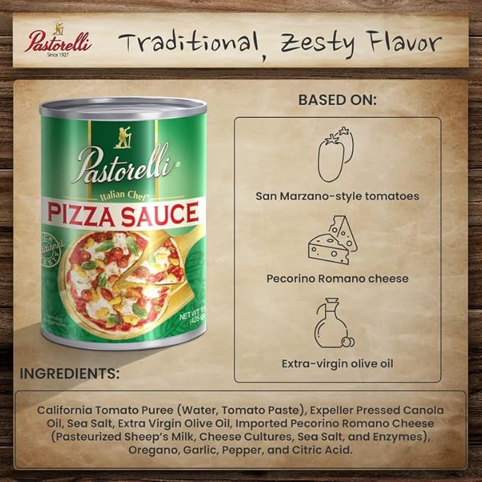 Pastorelli Pizza Sauce, Original Authentic Italian Pizza Sauce with Extra Virgin Olive Oil and Pecorino Romano Cheese Shredded, Since 1952 Family Pizza Sauce Recipe, 15 Ounce, 3-Pack