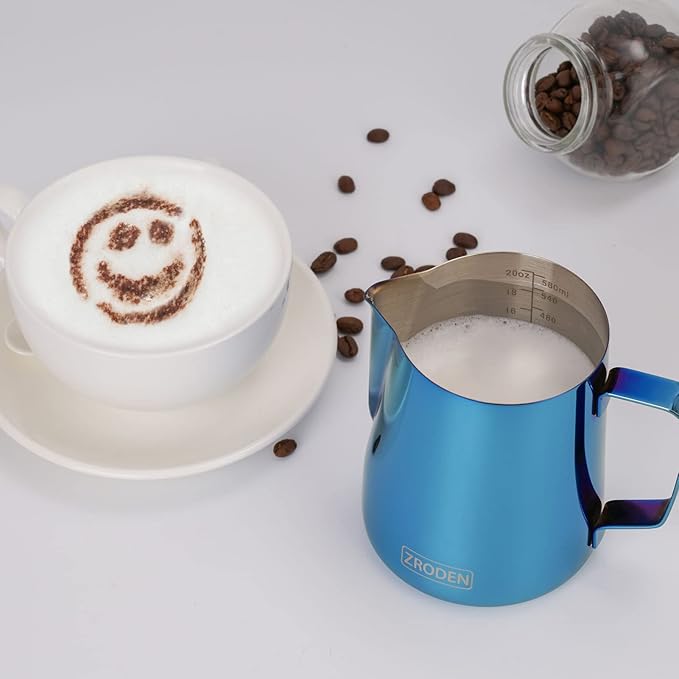 Milk Frothing Pitcher, 20oz Espresso Steaming Pitchers Stainless Steel Cappuccino Coffee Machine Accessories Barista Tools Steam Froth Pitchers Milk Jug Cup with Decorating Pen Latte Art, Blue