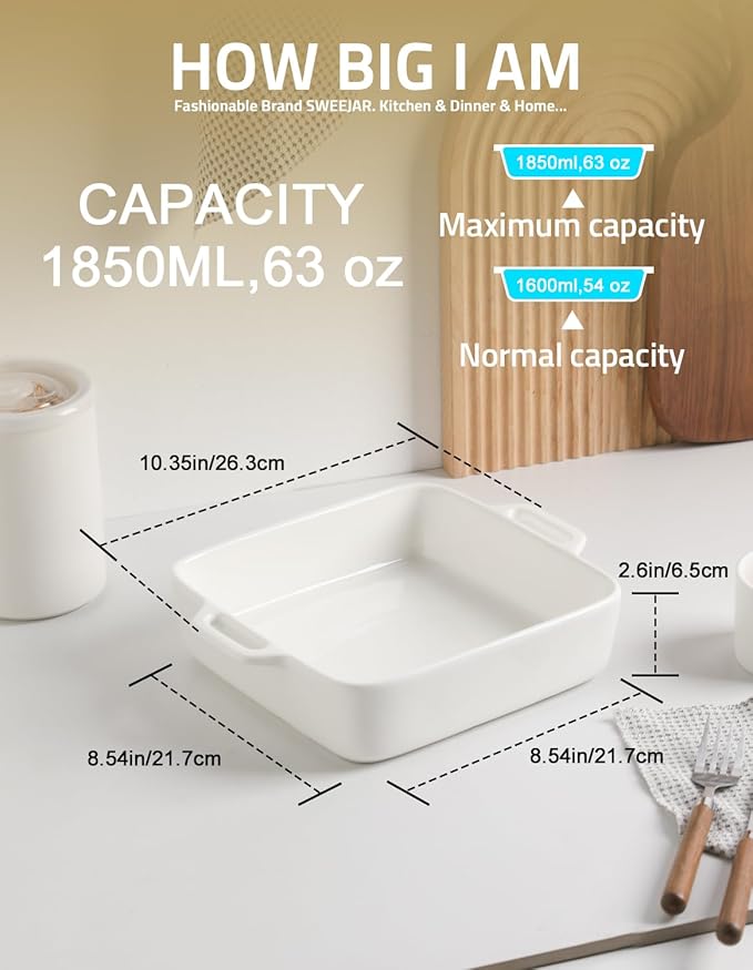 Sweejar 8x8 Baking Pan,Ceramic Casserole Dishes for Oven with Double Handlesï¼? QT Square Cake Baking Dish for Brownie,Lasagna,Casseroles,Family Dinner(White)