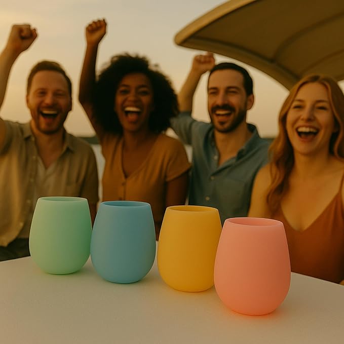 Silicone Wine Glasses – Set of 4 Pastel Colors, 12 oz – Break-Resistant, Flexible & Shatterproof Cups for Wine, Cocktails, or Outdoor Use – Reusable Stemless Glassware
