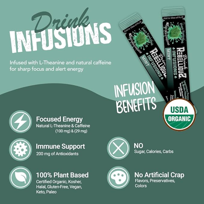 Rebellious Mint Organic Drink Mix ??Organic Zero Calorie Energy Drink Mix | Monk Fruit & Green Tea Extract | L-Theanine + Natural Caffeine | 100% Plant-Based | Pack of 10 | Keto, Kosher, Gluten-Free