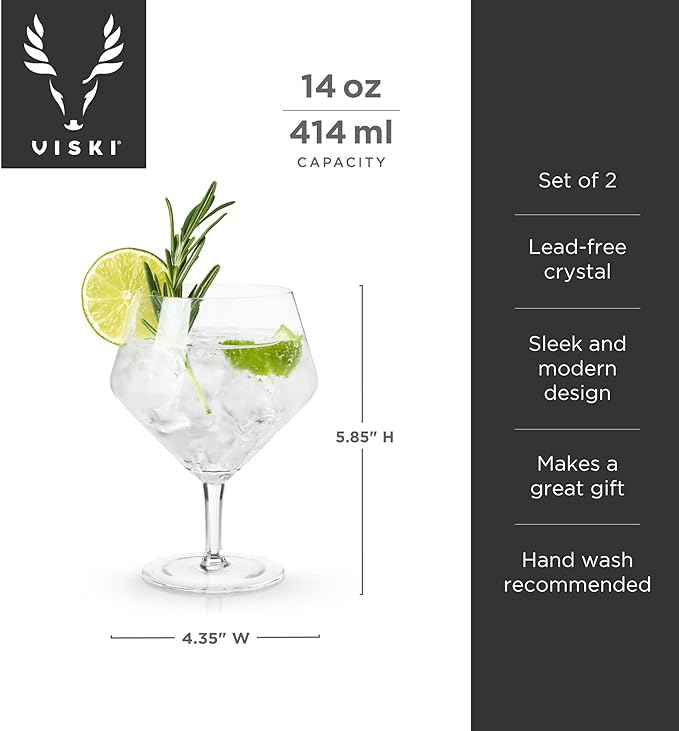 Viski Raye Angled Stemmed Gin and Tonic Glasses Set of 2 - Premium Crystal Clear Cocktail Gin Glasses for Gin Lovers Gift Set - 14oz