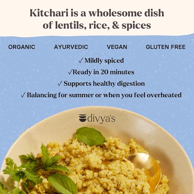 Divya's Soothing Kitchari, Mild & Herbal, One-Pot Ayurvedic Meal with Grains, Lentils, & Spices, Healthy & Nourishing Plant-Based Meal, Vegan, Non-GMO, Gluten Free, Organic, Family Size - 4 Meals