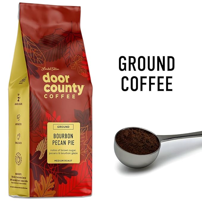 Door County Bourbon Pecan Pie Ground Coffee - 8oz Bag - Medium Roast - Fall Seasonal - 100% Arabica - Brown Sugar, Sweet Cream Butter, Pecans & Bourbon