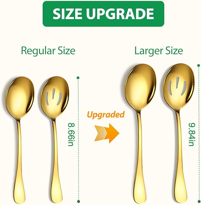 4 Piece Stainless Steel Serving Spoons Set, 10-Inch, Includes 2 Large, 2 Slotted, for Parties/Kitchen/Buffet/Catering, Dishwasher Safe, Gold