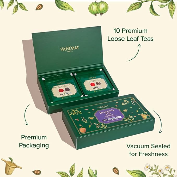 VAHDAM, Assorted Darjeeling Tea Sampler (10 Flavors, 50 Servings) Gluten Free, Non GMO - Darjeeling First Flush & Second Flush | Loose Leaf Tea Sample