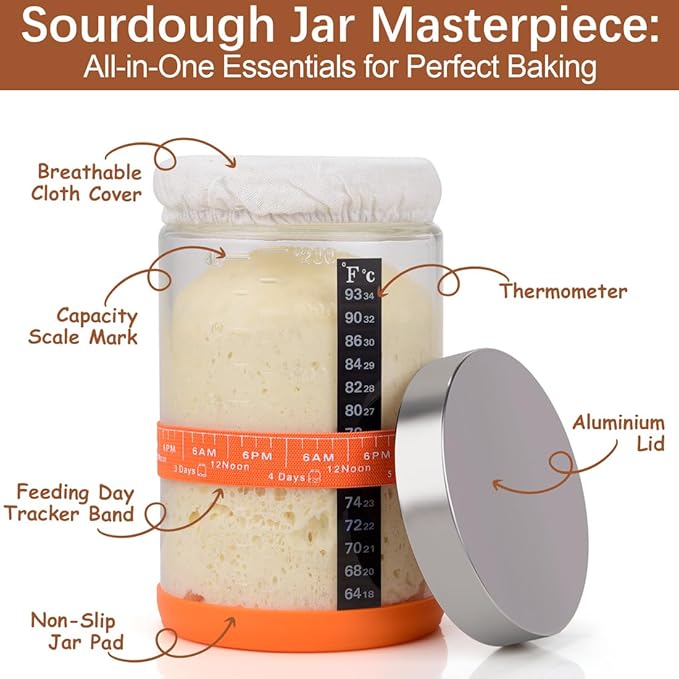 2 40oz Large Sourdough Starter Jar Glass Kit Wide Mouth with Silicone Spatula, Aluminum Lid, Cloth Cover, Date Marked Band, Thermometer, Stainless Steel Dough Scraper