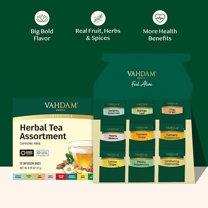 VAHDAM, Assorted Herbal Tea Sampler (18 Tea Bags, 9 Flavors) Caffeine-Free, Non-GMO | Double Infusion, Individually Enveloped Tea Bags | Herbal Tea Assortment
