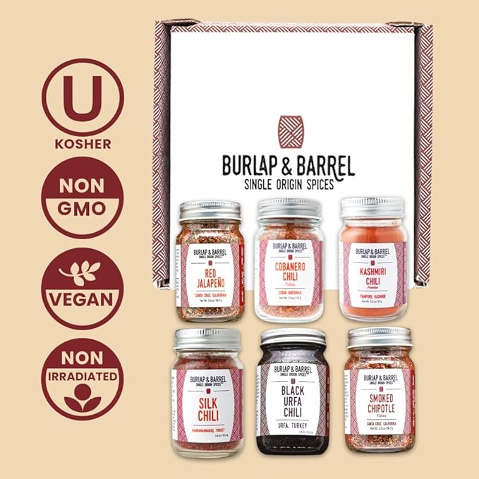 Burlap & Barrel Chili 6-Pack Gift Set- As Seen on Shark Tank! 6 of Our Favorite Chilis From Around the World- Includes Mild, Medium & Hot Chilis - 6 Full Size Jars