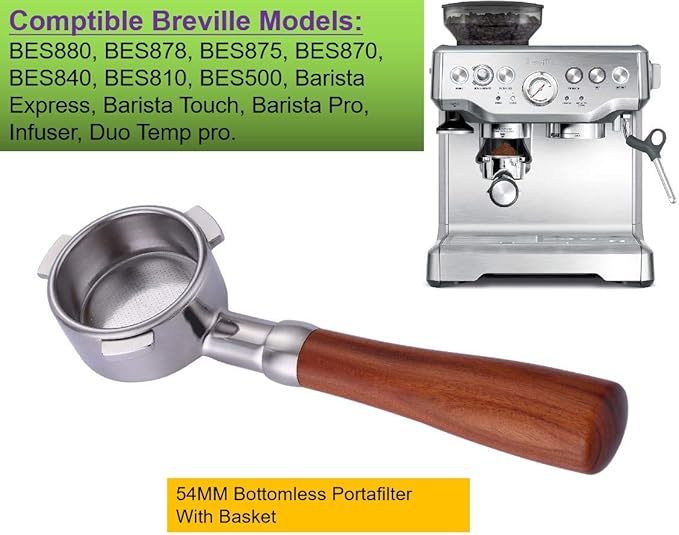 54mm Bottomless Portafilter Fits Breville Barista Espresso Machine Stainless Steel Naked Portafilter Along with Double Shot Filter Basket Coffee Bottomless Handle-Wooden