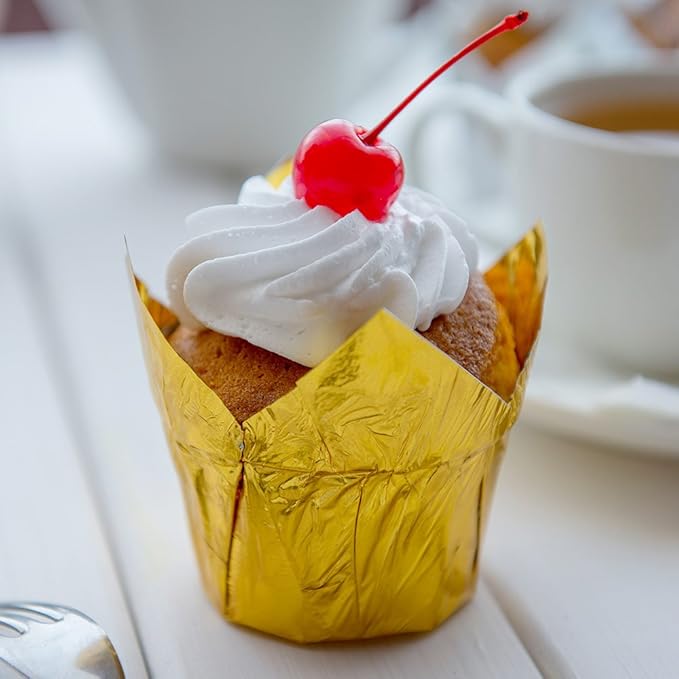 Restaurantware 4 Ounce Petal Baking Cups 200 Grease Resistant Tulip Cupcake Wrappers - Tulip Shaped Oven Safe Gold Paper Disposable Cupcake Liners For Parties and Weddings Mini