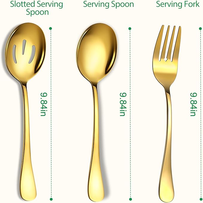 6 Piece Stainless Steel Serving Spoons Set, 10-Inch, Includes 2 Spoon/Slotted/Forks for Parties/Kitchen/Buffet/Catering, Dishwasher Safee, Gold