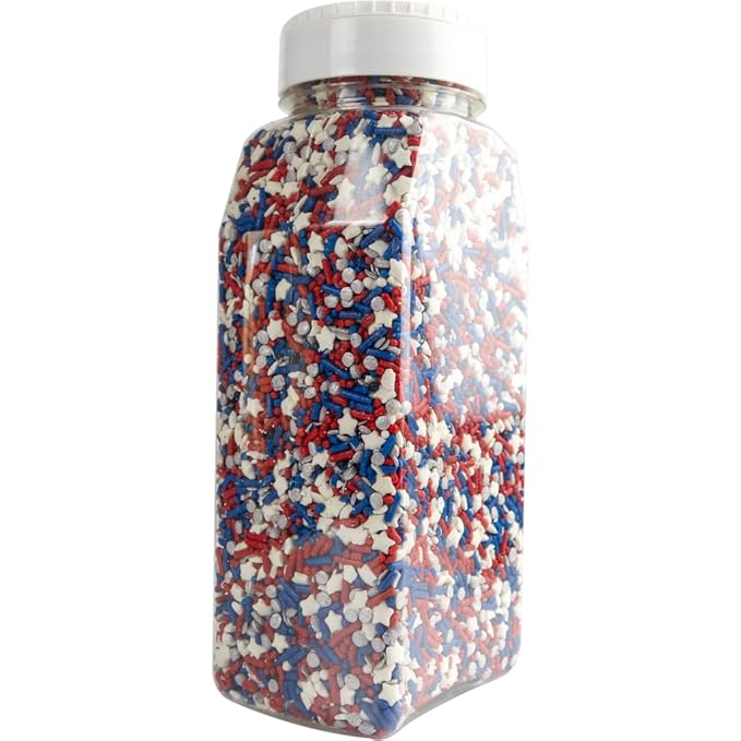 Cake Mate Party Size Patriotic Shimmer Sprinkles ??Red, White & Blue Confetti Sprinkles with Stars for Cakes, Cupcakes, Cookies, and More ??Easy Pour Lid, 26oz