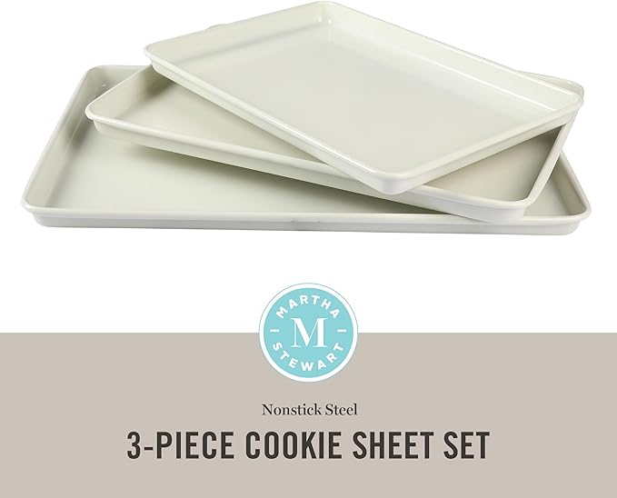 Martha Stewart Gallen 3-Piece Cookie Sheet Set ??13", 15", 17" Baking Pans, Ceramic Nonstick, PFA-Free, Carbon Steel ??Oven Safe to 450°F, Warp-Resistant, Easy to Clean - Linen White