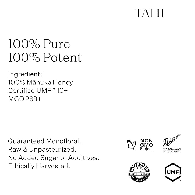 Tahi Raw Manuka Honey New Zealand UMF 10+ Certified (MGO 263+) - 100% Sustainable, Monofloral and Natural Honey - Non-GMO, Glyphosate-Free and Gluten-Free - New Zealand Manuka Pure Honey - 8.81oz