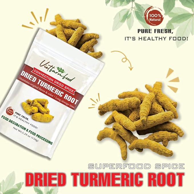 DRIED TURMERIC ROOT 5.29 Oz (150g) VIETFARMFOOD: Natural pure, convection dried seasoning made from real vegetables - perfect for adding flavor to any meal, from cooking, baking, salads, soups, sauces