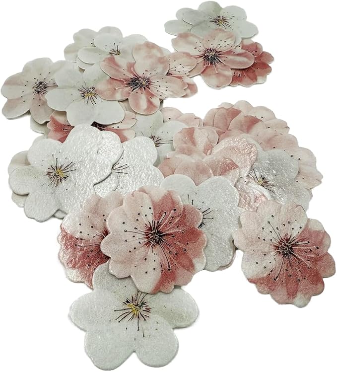50 Pack Edible Cherry Blossom Cupcake Toppers Cherry Flowers Cake Toppers Rice Paper Wafer Paper Cake Picks for Cherry Blossom Bridal Shower Baby Shower Kids Birthday Cake Decorations