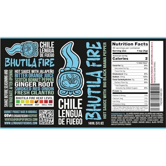 BHUTILA FIRE Super Hots Hot Sauce - Sour Orange, Smoked Scotch Bonnet, Chipotle, Jalapeno - 4.5/6 Heat Level