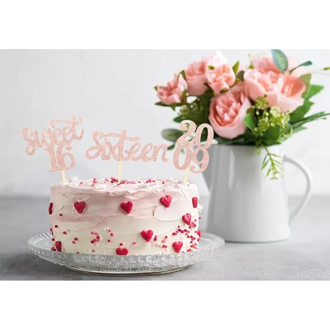 24 Pcs Sweet 16 Rose Gold Glitter Birthday Cupcake Toppers for 16th Birthday Celebrating Party Decorations (Rose gold)
