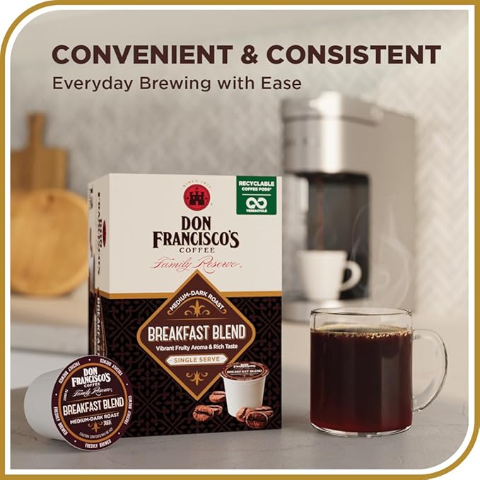 Don Francisco's Breakfast Blend Coffee - 24 K-Cup Compatible Single-Serve Pods - 100% Arabica - Fruity Aroma, Rich Flavor - Recyclable through TerraCycle - Compatible with Keurig Brewers