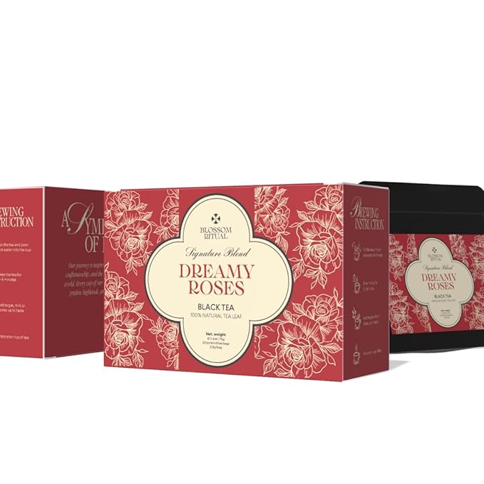 BLOSSOM RITUAL Dreamy Roses – Black Tea Loose Leaf – 20 Natural Based Pyramid Bags – Serve Upto 60 cups – Rose Petal Infused – Boost Focus & Relaxation – Resealable Zip Pouch| 2.65oz