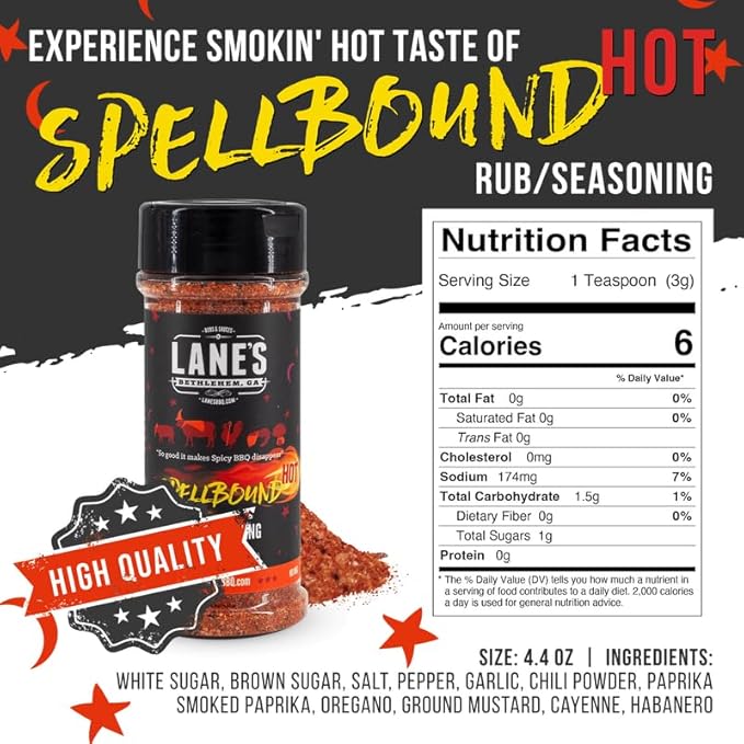 Lane's Spellbound Hot Sweet and Spicy Pork Rub Seasoning, All-Natural Butt Rub Seasoning, Rib Rubs for Smoking and Grilling, Made in USA, 4.6 Oz