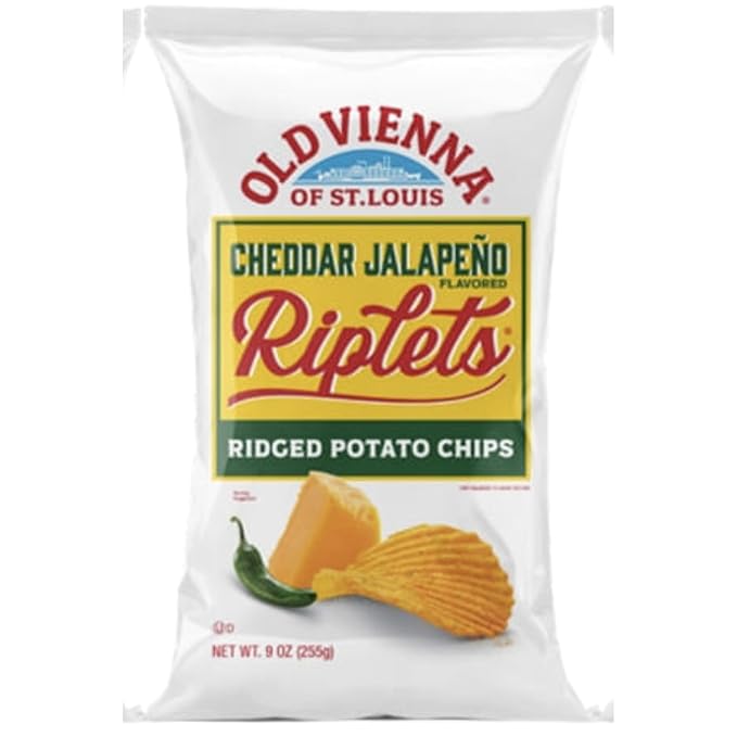 Old Vienna of St. Louis Cheddar Jalepeno Flavored Riplets Ridged Potato Chips 9oz Bags (4 Pack) by TranadaCo