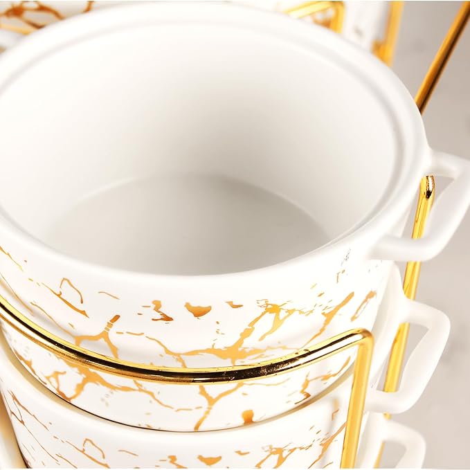 Ceramic Casserole Dish set with rack and Glass Lid, 1 large spoon, 6 small spoons, 6 soup cups - 2.2Qt Serving Soup Tureen with Handle, Serving Tureen for Restaurant Home Kitchen Decoration