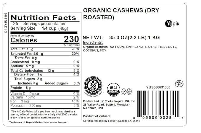 Yupik Organic Dry Roasted Cashews, 2.2 lb (35.2 oz), Kosher, Gluten-Free, Non-GMO, Vegan, Crunchy Nuts, Unsalted, Lightly Roasted, Oil-Free, Source of Protein & Iron, Nutritious, Healthy Snacks