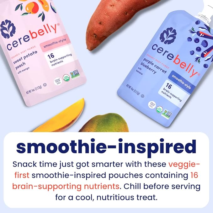 Cerebelly Organic Baby Food Pouches ??Dairy Free Smoothies for Toddlers | No Added Sugar, Fiber, Non-GMO | Toddler Smoothie Pouches | 4oz BPA-Free Baby Food | Sweet Potato Peach | 6 Count