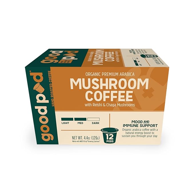 goodPOD Mood and Immune Support Single Serve Coffee K Cup Pods, Organic Arabica Coffee with Reishi & Chaga Mushrooms, Medium Roast, 12 Count