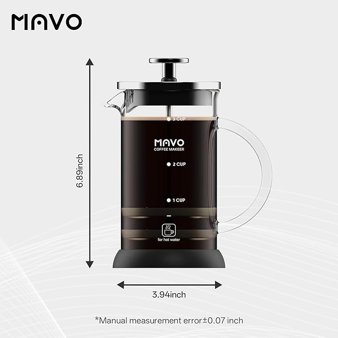 French Press Coffee Maker Stainless Steel Cold Brew Heat Resistant Glass Coffee & Tea Maker with 2 Filter (600ml/20oz)