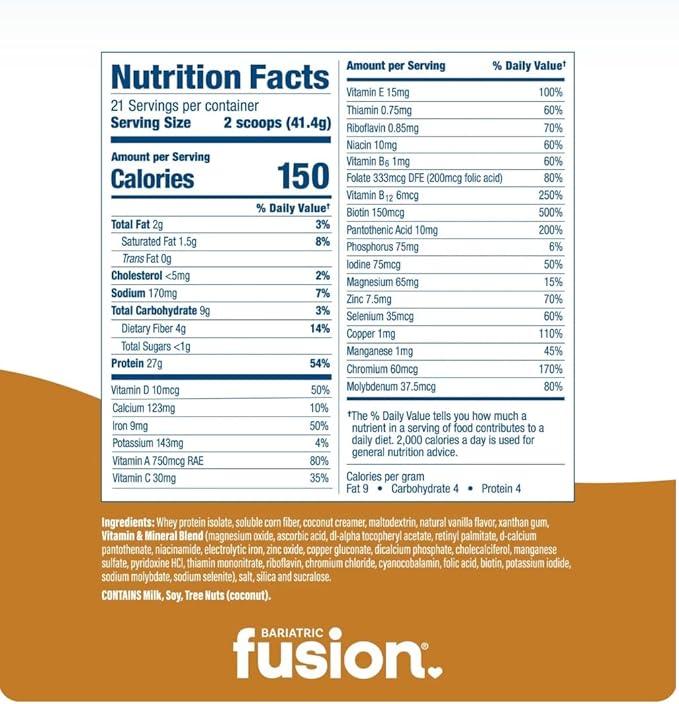 Bariatric Fusion Vanilla High Protein Meal Replacement Shake | 27g Whey Isolate Bariatric Protein Powder | Lactose Free Whey Protein Powder | Gluten and Sugar Free | 21 Servings