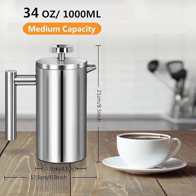 French Press Coffee Maker 34oz, Double-Wall Insulated French Press Stainless Steel 1L for travel camping, Included 2 Extra Screens and 1 Coffee Spoon ç«?-8cup 1000mlç«?,<div>