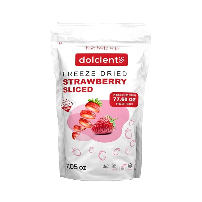 Dolcientis Freeze Dried Strawberries Sliced | 100% Natural Healty Fruit Snacks | Emergency Food Supply 25 Year Shelf Life | Non GMO, Kosher, Gluten free, Vegan, No Sugar Added, 7.05 oz, 20 Servings