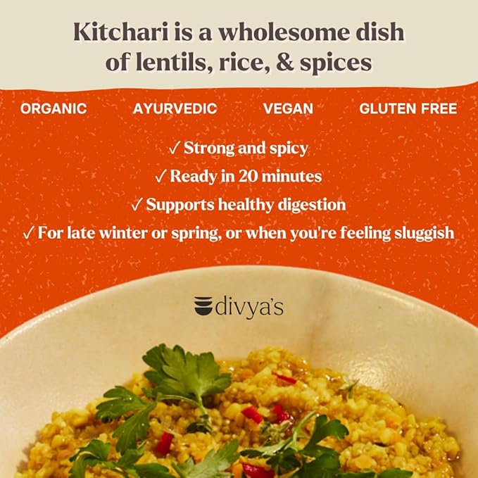Divya's Bold Kitchari, Strong and Spicy, One-Pot Ayurvedic Meal with Grains, Lentils, and Spices, Healthy & Nourishing Plant-Based Meal, Vegan, Non-GMO, Gluten Free, Organic, Family Size - 4 Meals