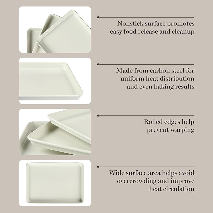 Martha Stewart Gallen 3-Piece Cookie Sheet Set ??13", 15", 17" Baking Pans, Ceramic Nonstick, PFA-Free, Carbon Steel ??Oven Safe to 450°F, Warp-Resistant, Easy to Clean - Linen White
