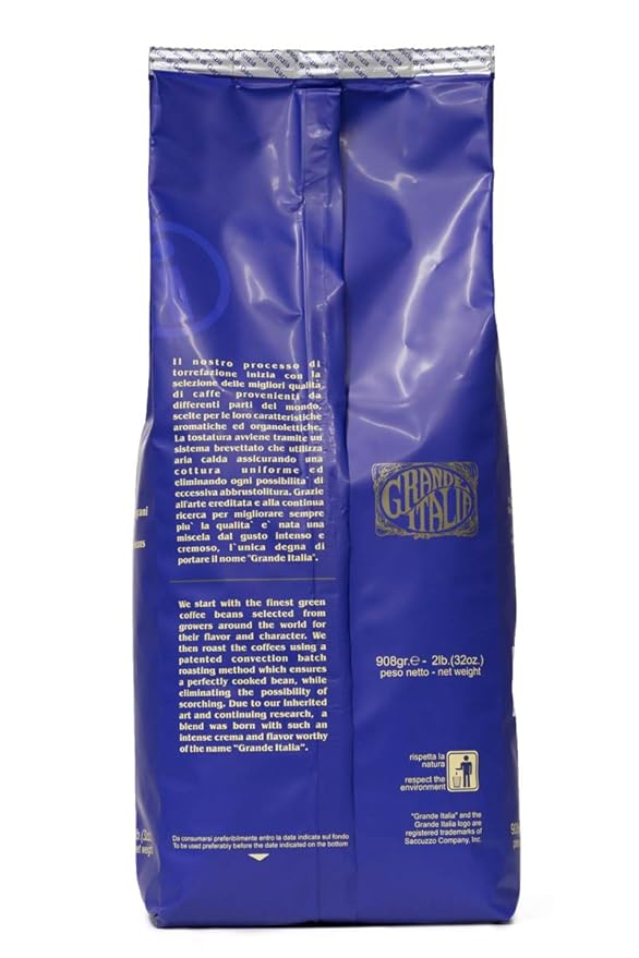 Grande Italia Espresso; Small Batch Artisan Roasted: Bar, Crema e Gusto, Whole Bean (2LB Bag, Pack of 2)