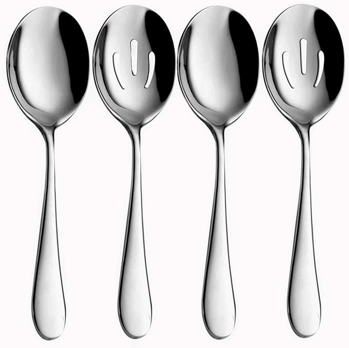 4-Piece Serving Spoons Set - Includes 2 Serving Spoons and 2 Slotted Spoons, Large Cutlery for Catering Buffet, Mirror Polished, Dishwasher Safe, 8.7 Inches