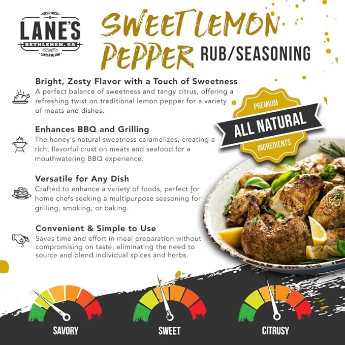 Lane's Sweet Lemon Pepper Seasoning, All-Natural Lemon Seasoning Blend with Citrus, Lemon Pepper Powder, and Honey, Made in USA, 4.6 Oz