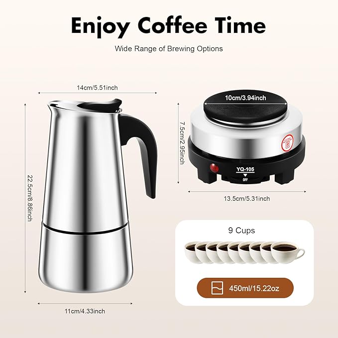 Stovetop Coffee Maker, 9 Cup Stainless Steel Moka Pot Espresso Maker Coffee Pot with Electric Stove, 500W Stovetop Espresso Machine Italian Espresso Maker for Home Bar Office