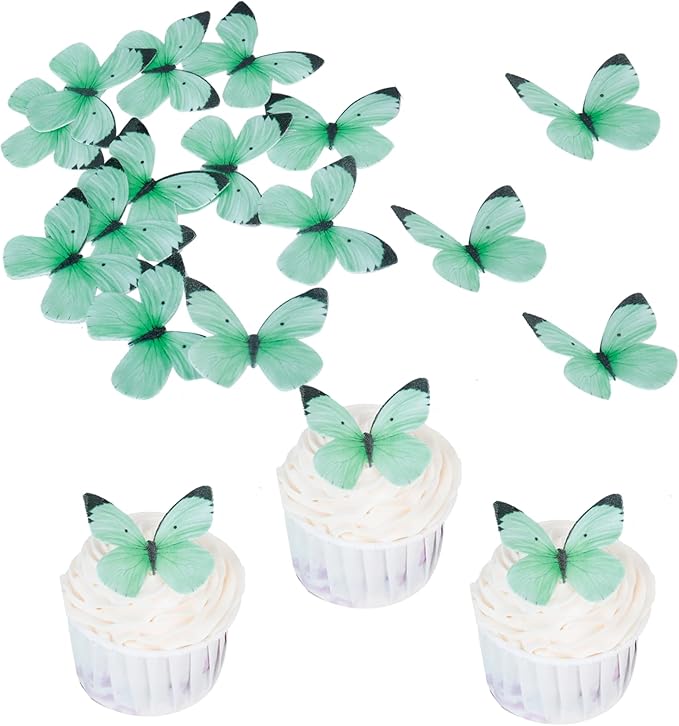 50PCS Edible Butterfly Cake Decorations Green Wafer Paper Butterflies Cake Cupcake Toppers for Women Girls' Happy Birthday Cake Topper Anniversary Wedding Baby shower party Butterfly Fairy Cake Decor