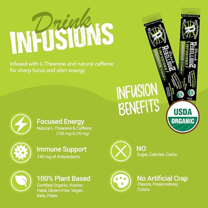 Rebellious Luminous Limeade Organic Drink Mix ??Zero Calorie Energy Drink Mix | Monk Fruit & Green Tea Extract | L-Theanine + Natural Caffeine | 100% Plant-Based | Pack of 10 | Keto,Gluten-Free