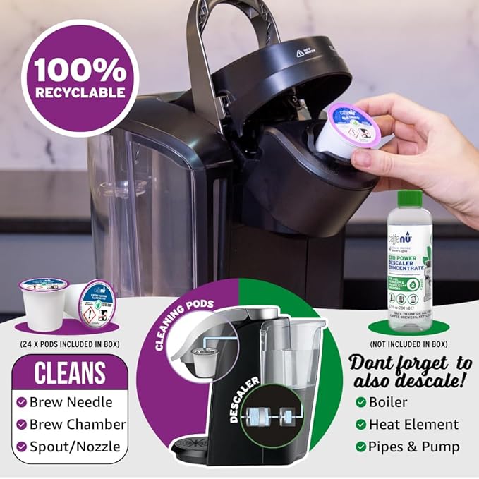 Keurig Compatible Cleaning Pods. 24 Rinse Pods Cleaner Kit. Eco Friendly, Removes Stale Coffee Residue & Stains. Keurig 1.0 & 2.0 Coffee Makers.