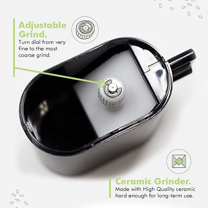Pepper, Peppercorn & Salt Grinder-Mill Set by PepperMate - Easy-To-Fill, Gourmet, Ceramic Refillable Hand-Operated w/Measuring Cup, Precision Grind for Coarse or Fine Grinding (Black and White)